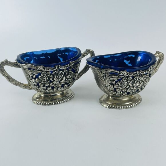 Antique Silver Plated Rose Floral Design Cobalt Blue Lined Sugar And Creamer Set - Picture 1 of 16